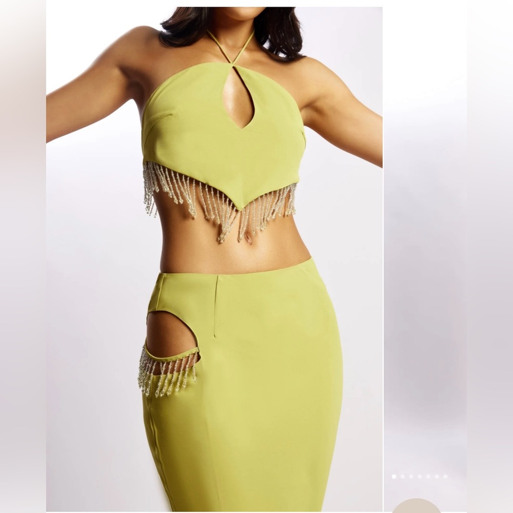 Meshki Jayleen Maxi Skirt and Top with Fringe; Size XS